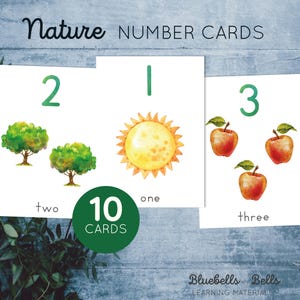 Tarjetas de números de la naturaleza del 1 al 10. Tarjetas de conteo para niños pequeños. Arte mural imprimible para guardería. Descarga digital para educación en el hogar.