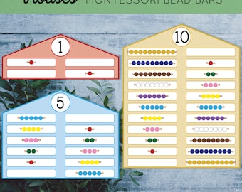 May include: A Montessori bead bar activity with a colorful house theme. The houses are labeled with the numbers 1, 5, and 10. Each house has a series of empty slots to match the bead bars.
