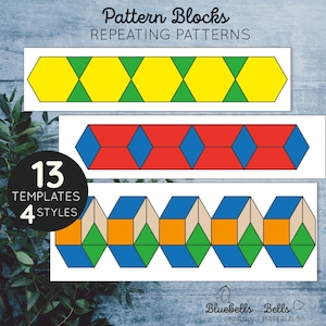 May include: A set of 13 printable pattern block templates for children to create repeating patterns. The templates feature different colour combinations of yellow, green, red, blue, orange, and beige.