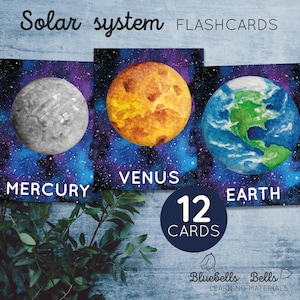 Solar system printable flashcards. Outer space cards toddler. Planets watercolor cards.