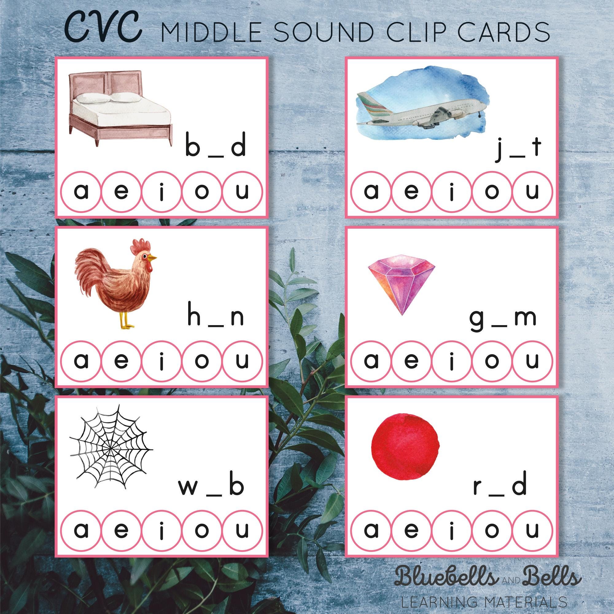 Montessori Phonics Printable CVC Word Clip Cards Middle Sound. Pre ...