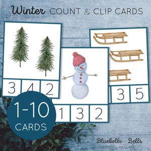 Afdrukbare tel- en klemkaarten voor de winter. Kerstactiviteit voor kinderen. Montessori wiskunde afdrukbaar.