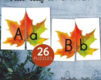 Fall leaf letter matching puzzles. Montessori autumn preschool printable.