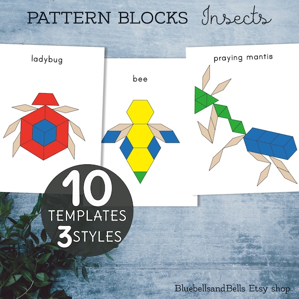 Insect pattern blocks templates. Spring printable preschool and kindergarten shape matching activity.