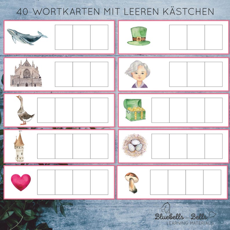 May include: A set of 40 blank word cards with watercolour illustrations. The illustrations include a whale, a church, a goose, a tower, a heart, a mushroom, a leprechaun hat, a woman with grey hair, a treasure chest, a nest with eggs, and the text "40 Wortkarten mit leeren K&auml;stchen".