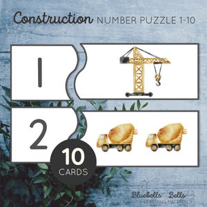 Toddler number puzzle. Construction counting printable activity.