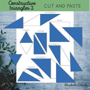 Puede incluir: Una hoja de trabajo imprimible con un fondo azul y formas blancas. Las formas están etiquetadas con los nombres de las figuras geométricas: paralelogramo, rombo, rectángulo, cuadrado y trapecio. La hoja de trabajo se titula "Triángulos constructivos 2" y "Cortar y pegar".