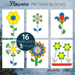 Flowers Pattern blocks templates. Spring preschool and kindergarten Shape matching activity.