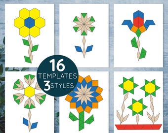 Flowers Pattern blocks templates. Spring preschool and kindergarten Shape matching activity.