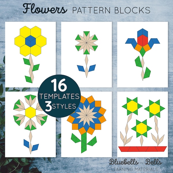 Blumen Pattern Blöcke Vorlagen. Frühling für Vorschule und Kindergarten Form passende Aktivität.