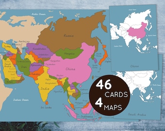 Asia Montessori Maps and Country cards. Continent study printable.