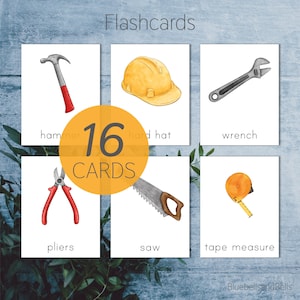 Ferramentas para impressão de flashcards. Montessori infantil para impressão. Atividade de construção pré-escolar.