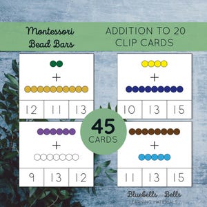 Complément Montessori avec transport de 20 barres de perles Cartes à clip. Maths 1ère année imprimable.