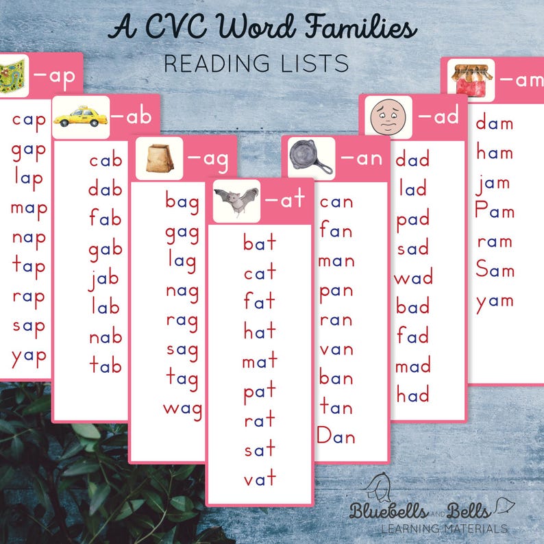 May include: A set of pink and white flashcards with CVC word families. Each card features a picture and the word family. The word families include -ap, -am, -ab, -ag, -an, -at, and -ad.