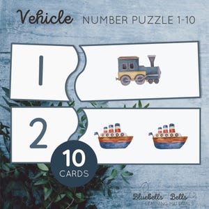 Puzzle do wydrukowania z dopasowywaniem numerów pojazdów. Aktywność liczenia transportu dla maluchów i przedszkolaków.