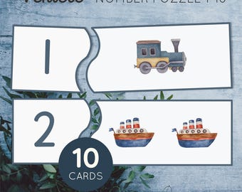 Könnte beinhalten: Ein Set mit 10 bunten Puzzle-Karten mit Aquarell-Illustrationen verschiedener Fahrzeuge, darunter ein Zug und ein Boot. Die Karten sind von 1 bis 10 nummeriert und für Kinder konzipiert, um Zahlen und Fahrzeugnamen zu lernen.