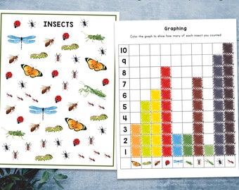 Insects preschool printable graphing. Kindergarten math activity.