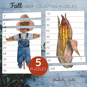 May include: A set of five fall-themed skip counting puzzles. The puzzles feature a scarecrow and an ear of corn, with numbers from 4 to 100. The text "Fall Skip Counting Puzzles" is at the top.