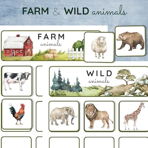 May include: A printable set of flashcards featuring farm and wild animals. The cards are divided into two categories: farm animals and wild animals. The farm animals include a cow, rooster, and sheep. The wild animals include a bear, lion, elephant, and giraffe.