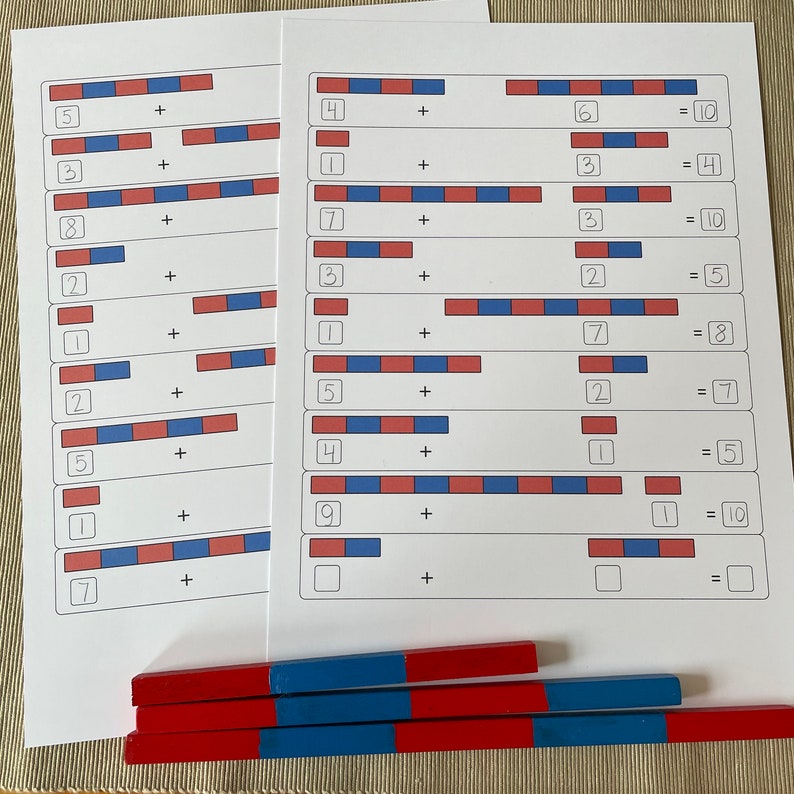 Colored Rods Multiplication Example Montessori Addition Worksheets Number Rods. Kindergarten and 1st Grade ...