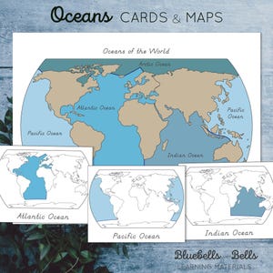 Ozeane der Welt Karten und Landkarte. Geographie Montessori druckbare Aktivität für Vorschule und Kindergarten.