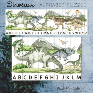 Dinosaur puzzle alphabet sequence A-Z. Preschool and kindergarten printable dinosaur activity.