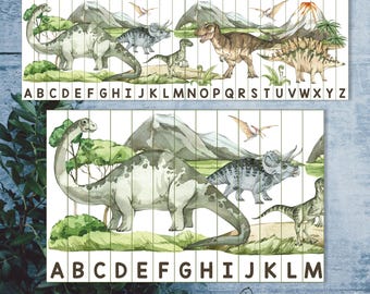Dinosaur puzzle alphabet sequence A-Z. Preschool and kindergarten printable dinosaur activity.
