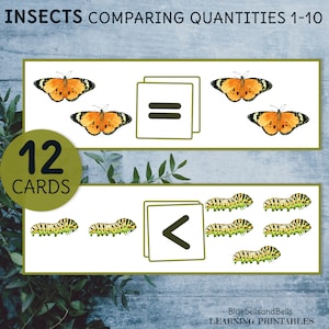 Insectes préscolaires imprimables Cartes à tâches Comparer les nombres. Plus que, moins que, égal à l'activité pour la maternelle.