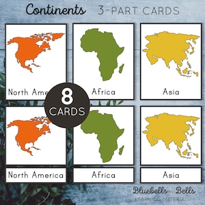 Tarjetas imprimibles Montessori de 3 partes de los continentes.