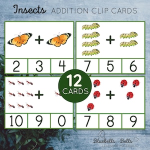Nombre d'insectes imprimable Montessori printanier et ajout de cartes à clip 1-10. Activité mathématique pour la maternelle et la maternelle.