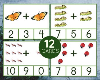 Montessori spring printable Insect Count and clip cards addition 1-10. Preschool and kindergarten math activity.