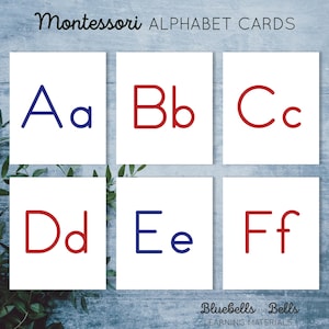 May include: Six white cards with red and blue outlines of the letters A, a, B, b, C, c, D, d, E, e, F, and f. The cards are arranged in two rows of three. The cards are on a wooden surface with green leaves.