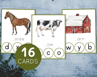 May include: A set of 16 educational flashcards for children featuring farm animals and a barn. The cards have images of a horse, cow, and a red barn. Each card has a missing letter in the word and a set of letters to choose from to complete the word. The text on the cards reads "On the farm", "_orse", "_ow", and "_arn".