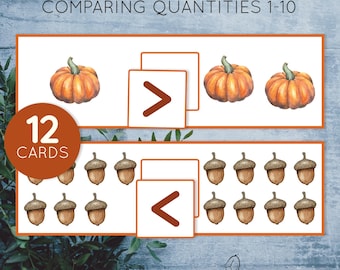 May include: A set of 12 fall-themed cards for comparing quantities 1-10. The cards feature images of pumpkins and acorns. The text "Fall Comparing Quantities 1-10" and "12 Cards" is included on the cards.