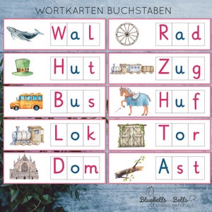 May include: A set of colourful flashcards with images and German words for learning the alphabet. The words include "Wal", "Rad", "Hut", "Zug", "Bus", "Huf", "Lok", "Tor", "Dom", and "Ast".