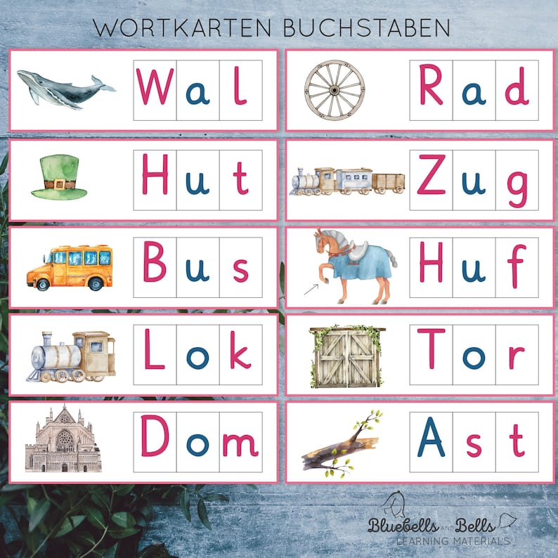 May include: A set of colourful flashcards with images and German words for learning the alphabet. The words include "Wal", "Rad", "Hut", "Zug", "Bus", "Huf", "Lok", "Tor", "Dom", and "Ast".