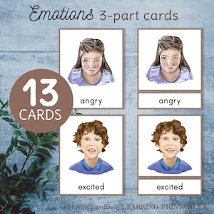 Tarjetas de emociones de 3 partes. Actividad de vocabulario de sentimientos imprimible Montessori.