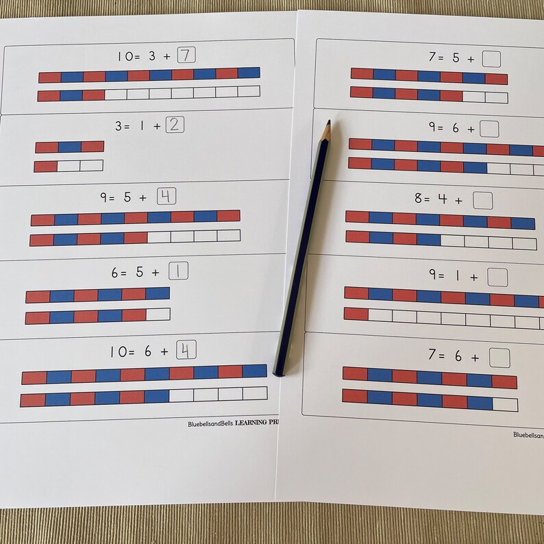 Montessori number rods Addition printable. Missing addend equation worksheets. Subtraction to ten 1st grade and Kindergarten math printable. image 8