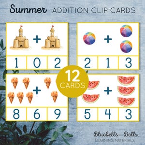 Tarjetas de suma con clips para imprimir en formato Montessori para el verano. Actividad de matemáticas para preescolar y jardín de infantes.