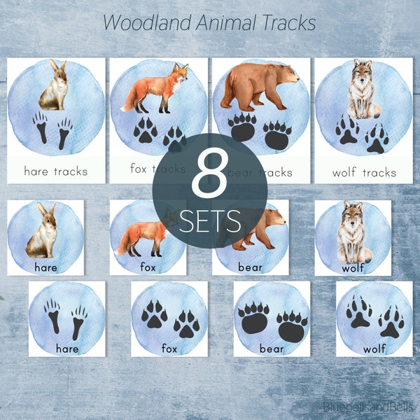 Winter woodland animal tracks flashcards. Montessori winter printable. Preschool matching activity.