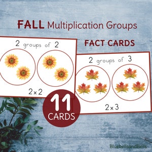Cartes de faits imprimables sur les groupes de multiplication de la maternelle à l'automne. Cartes flash de mathématiques de 1ère année.