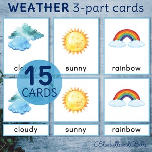 Tarjetas de 3 partes imprimibles de Weather Montessori. Actividad de Vacabulario de Primavera para preescolar y jardín de infantes. Habilidades previas a la lectura.