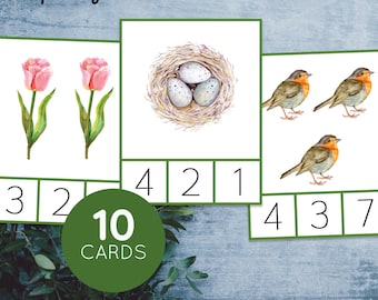 Tarjetas de conteo y recortes de primavera del 1 al 10. Matemáticas preescolares Montessori imprimibles.