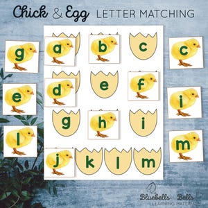 Juego imprimible de primavera para preescolar: Emparejar letras: Pollito y Huevo. Actividad de reconocimiento del alfabeto de Pascua para niños pequeños. Juego Montessori para preescolar.