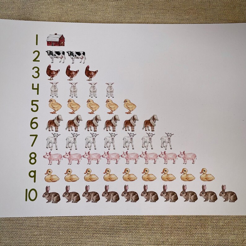 May include: A white background with numbers 1 through 10 written in green on the left side of the image.  The numbers are followed by a series of farm animal illustrations, increasing in quantity from 1 to 10.  The animals include a red barn, cows, chickens, goats, chicks, ponies, lambs, pigs, ducks, and rabbits.