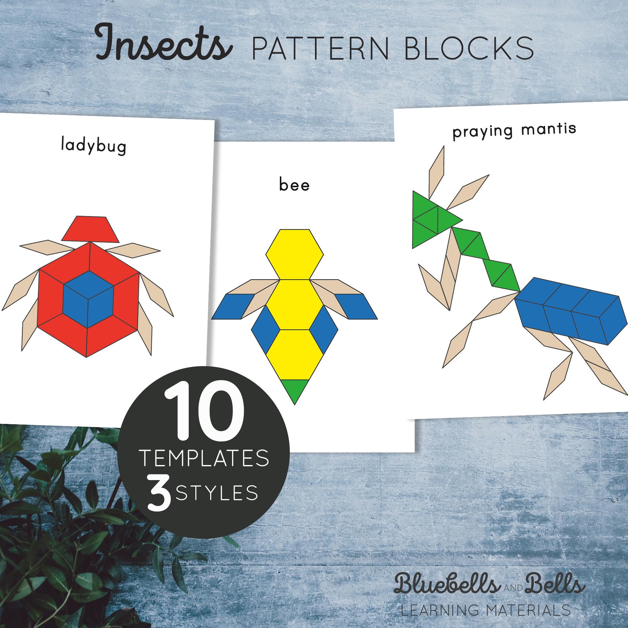 Insect pattern blocks templates. Spring printable preschool and kindergarten shape matching activity.