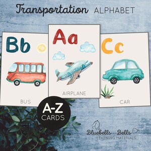 Cartes de l'alphabet sur les transports. Lettre imprimable pour tout-petit. Cartes flash ABC aquarelles pour véhicules d'âge préscolaire.