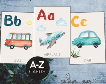 Transportation Alphabet Cards. Toddler letter printable. Preschool vehicle watercolor ABC flash cards.