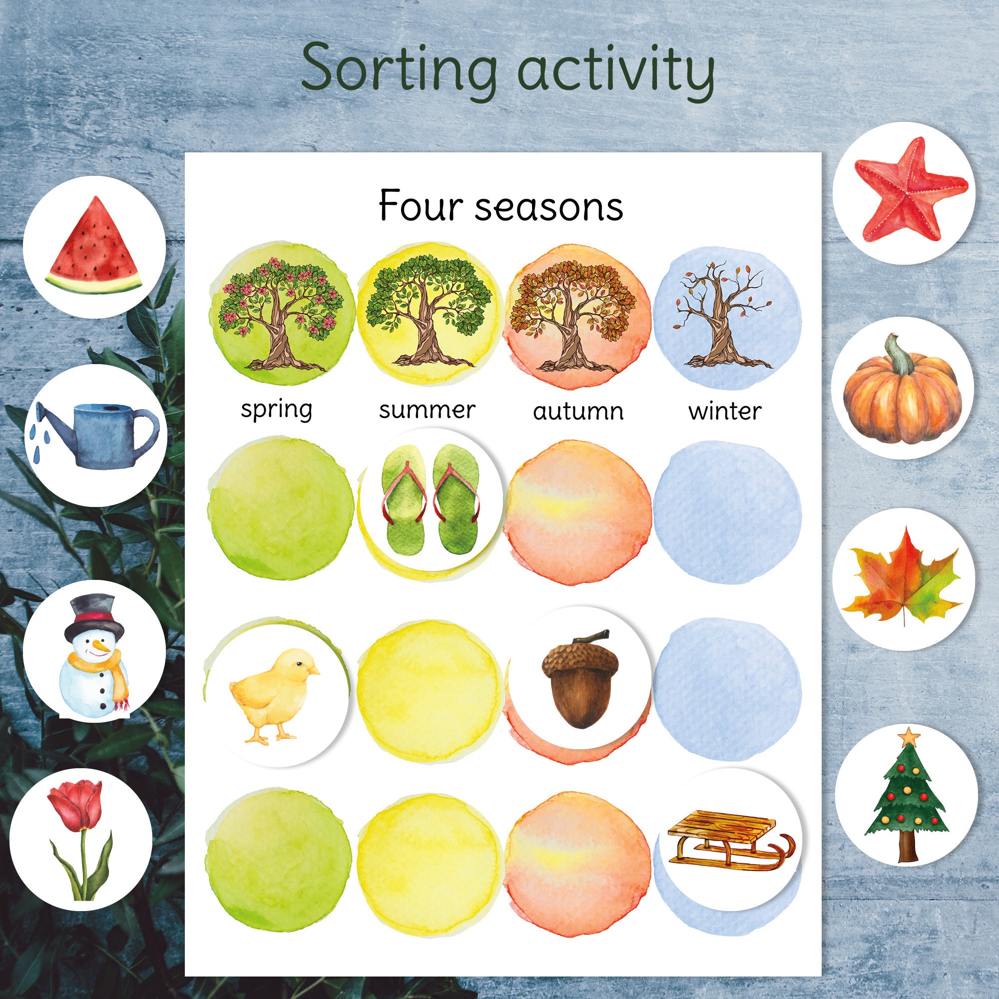 four-seasons-printable-flashcards-wheel-sorting-and-tree-matching-activity-etsy