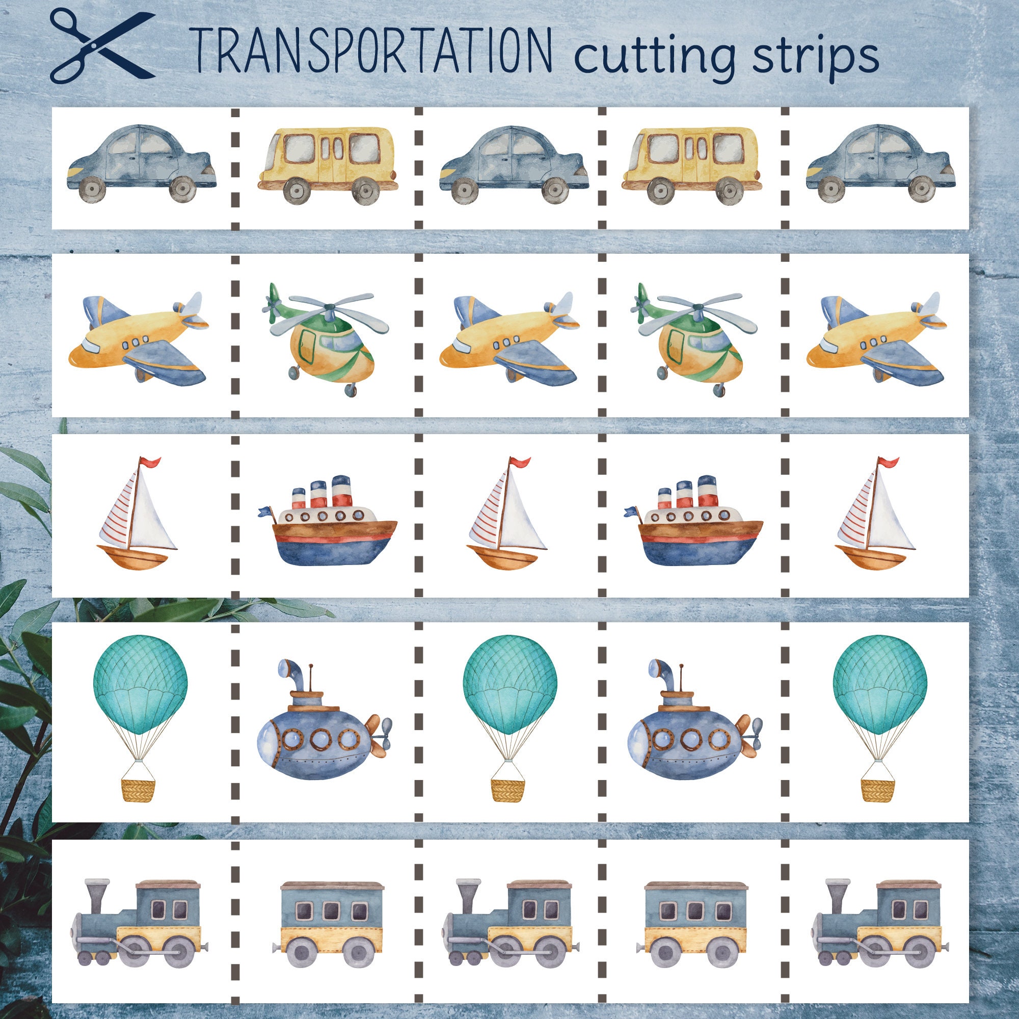 Montessori printable cutting practice strips transportation etsy belgi 